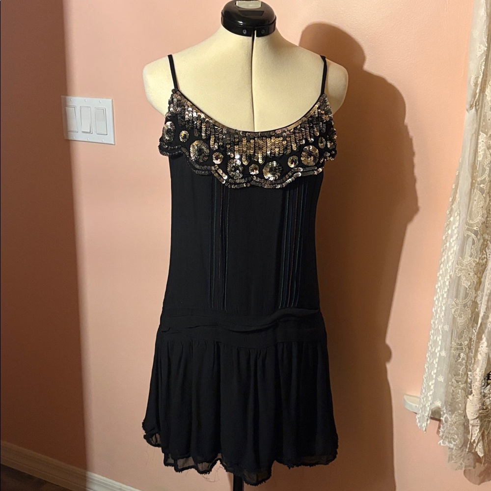 Top Shop Black Sequin Drop Waist Mini Dress Sz 6 Party Going Out Whimsigoth